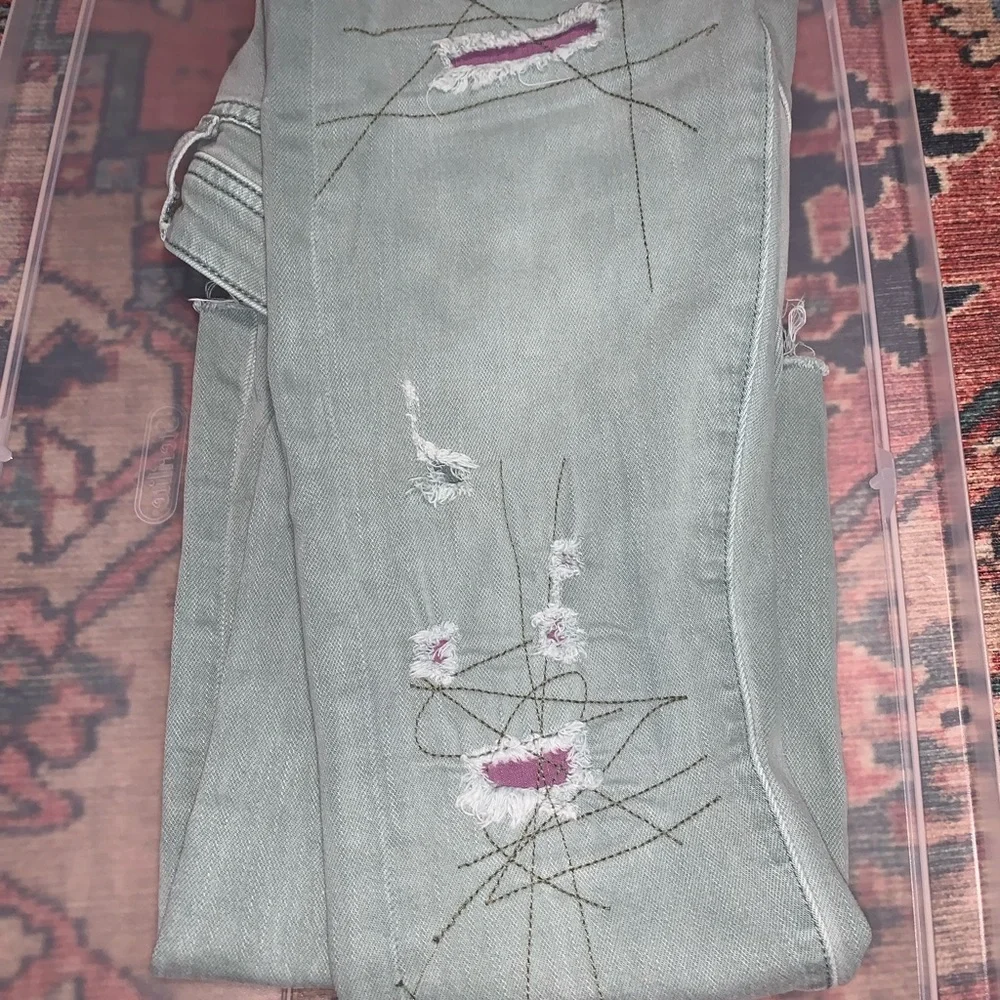 Pilcro, Anthropologie Green Straight Leg Jeans with Distressed Style - Picture 4 of 11
